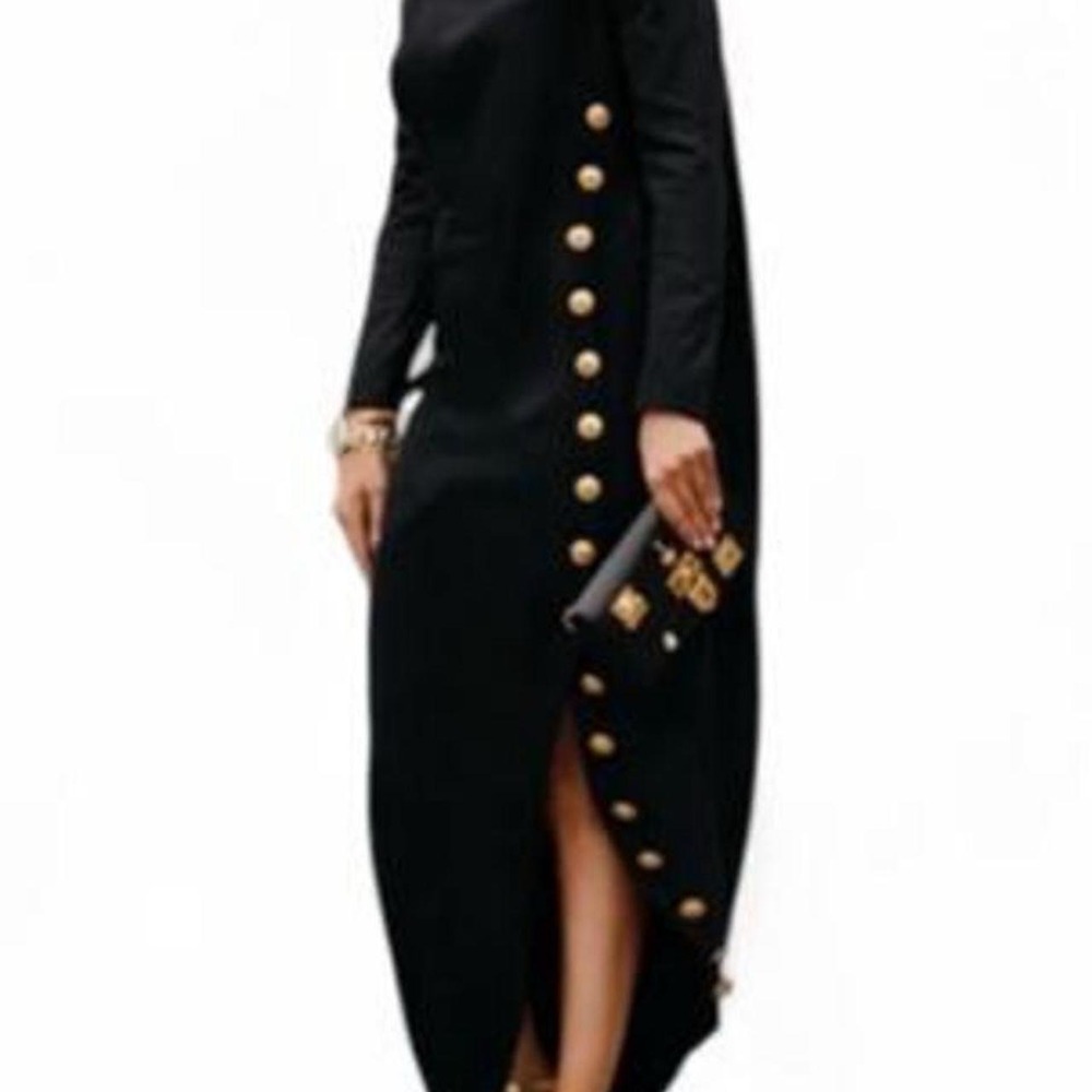 UOOZEE Long Sleeve Loose Asymmetric Buttoned Mock Neck Maxi Dress